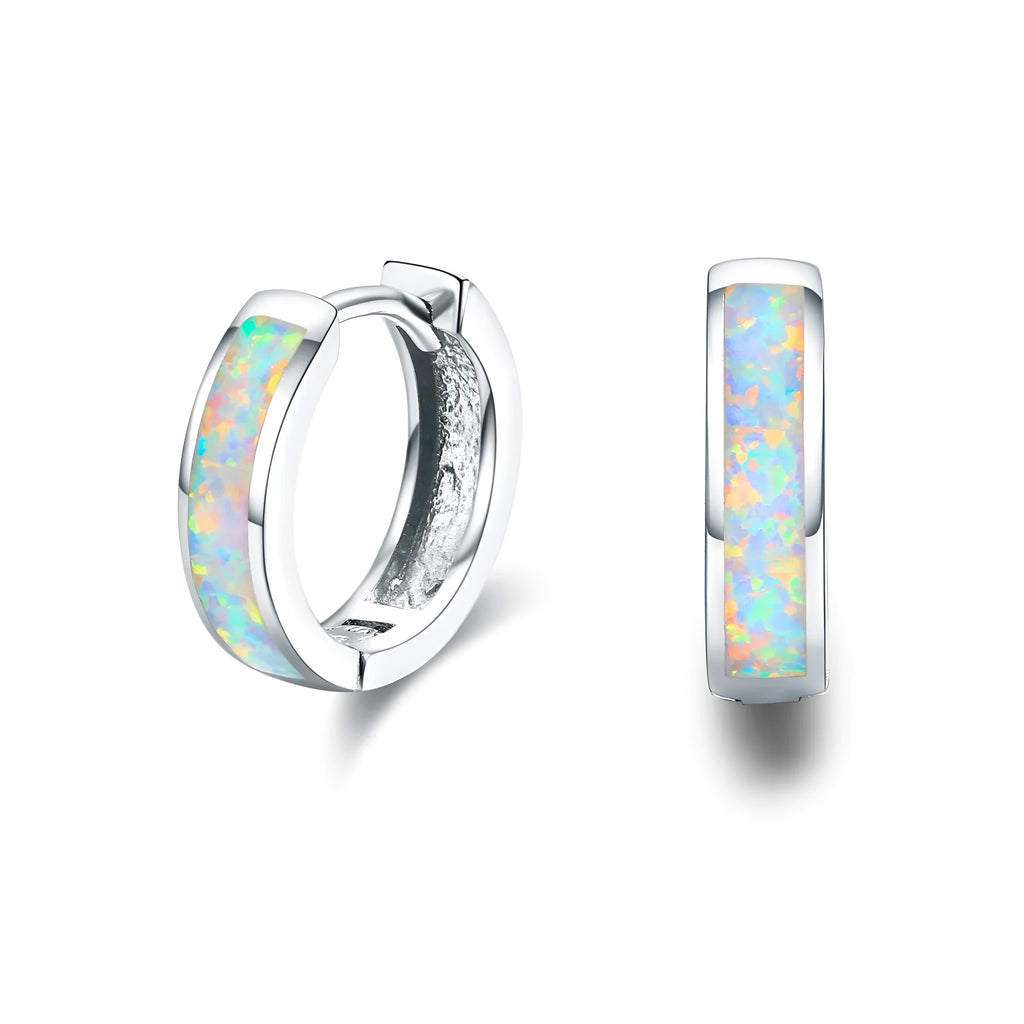 Hinged hug opal earrings in 925 sterling silver white gold plated hoops with opal shimmer