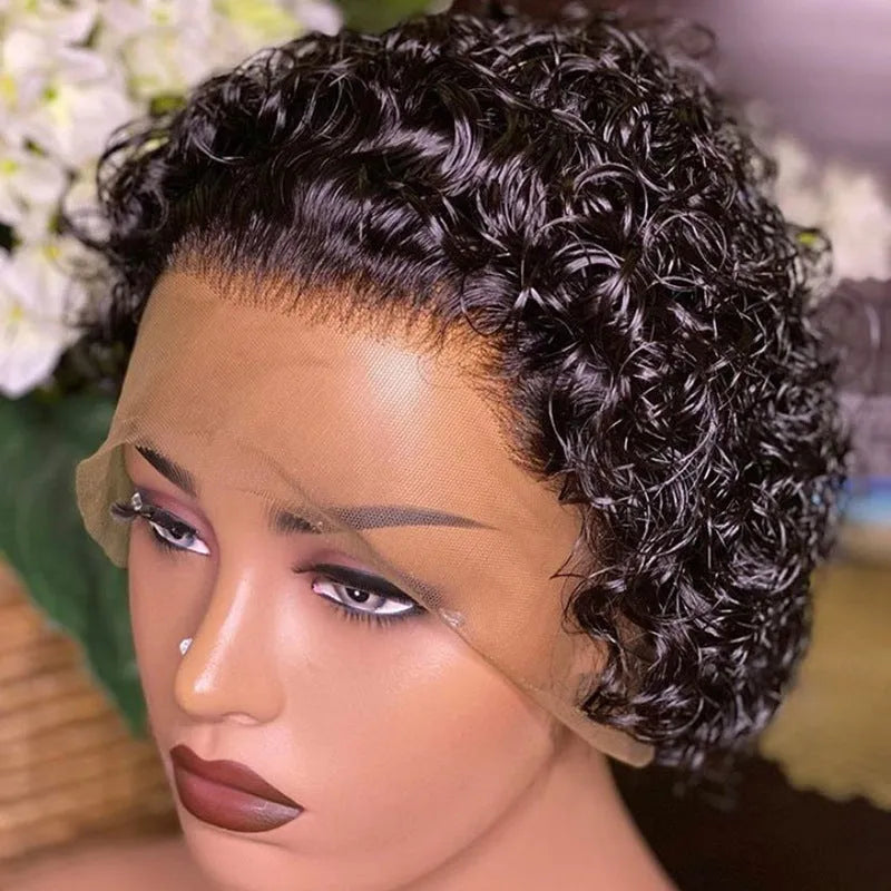 Black human hair pixie wig with lace front for daily wear.
