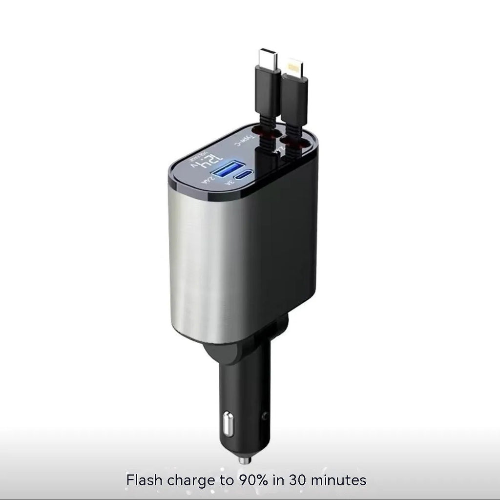 Retractable car charger with four USB ports, plugged into a vehicle cigarette lighter socket.