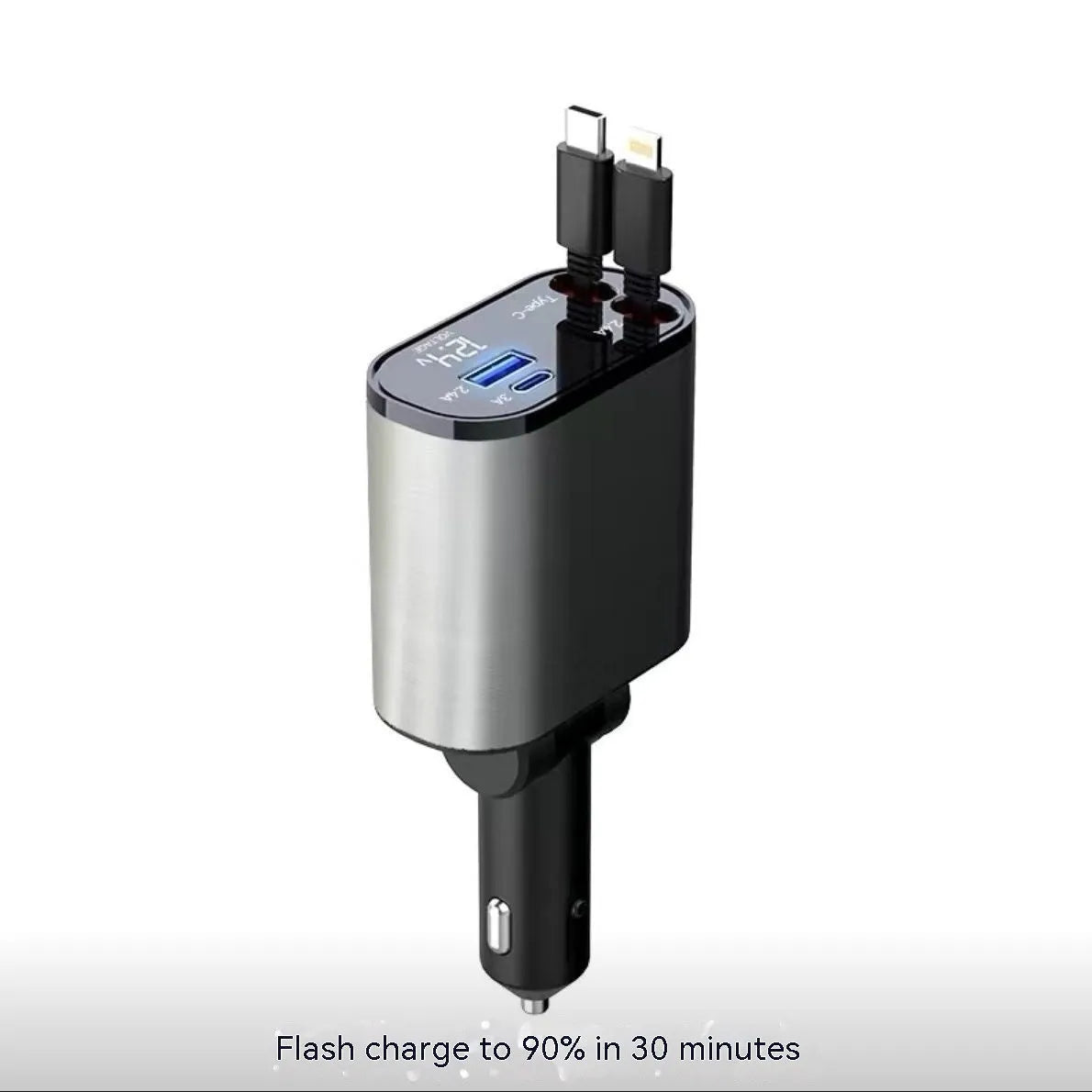 Retractable car charger with four USB ports, plugged into a vehicle cigarette lighter socket.