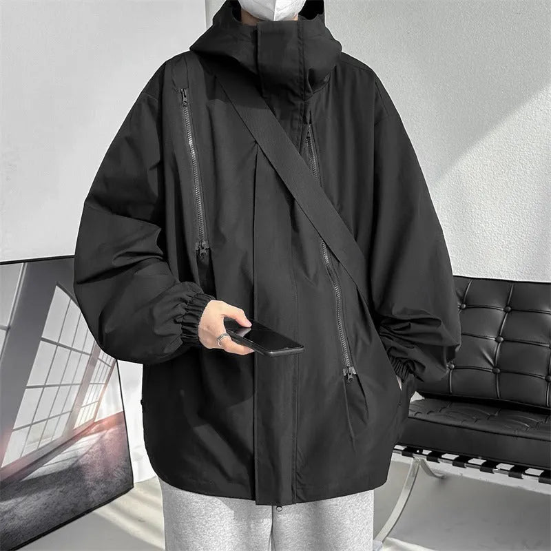 Men's waterproof windproof outdoor sports shell jacket autumn mountaineering solid colour polyester long sleeve side pockets