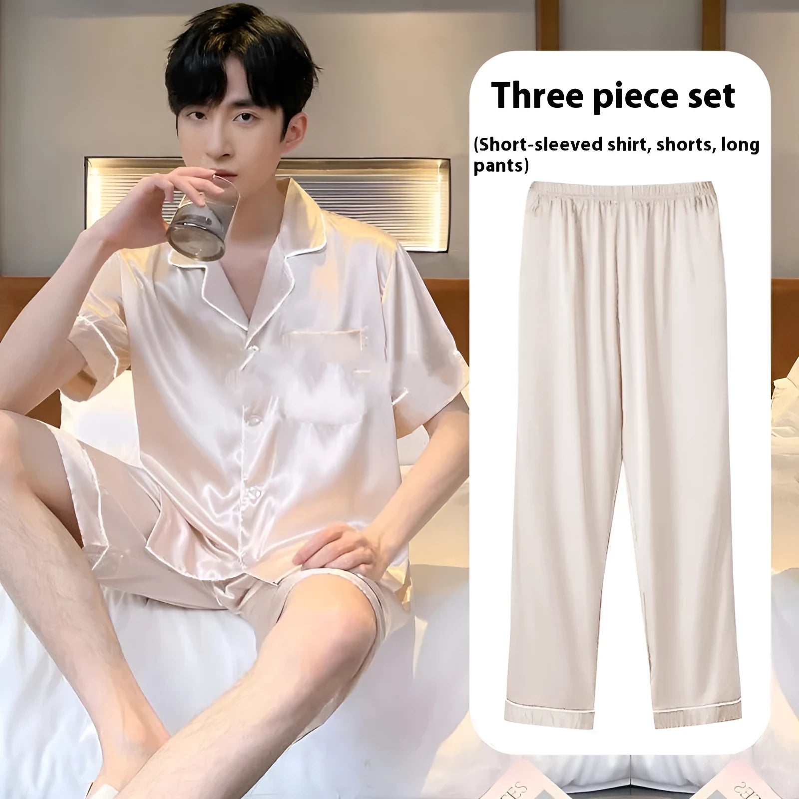 Men's ice silk three-piece home wear set showing top, shorts and trousers in multiple colour options