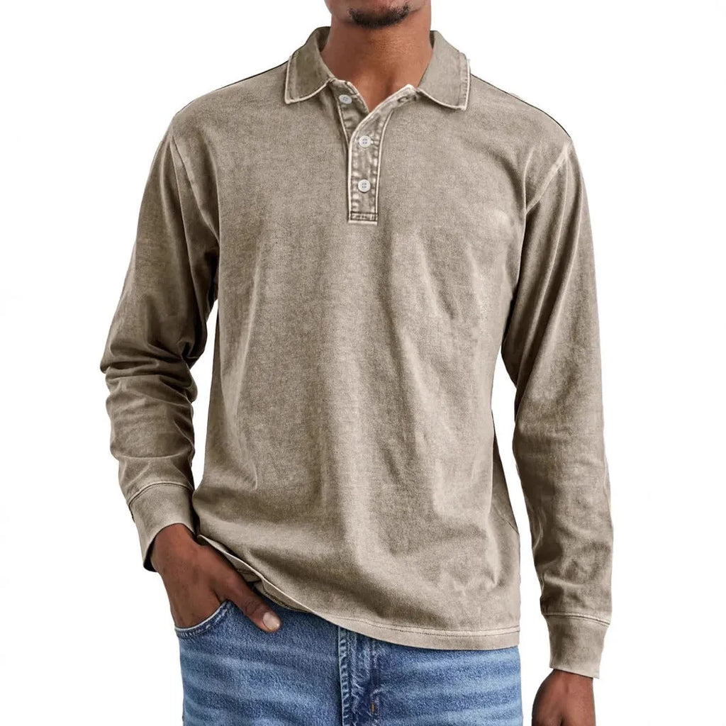 Men's retro washed pure cotton long sleeve polo shirt with a lapel collar in Army Green.