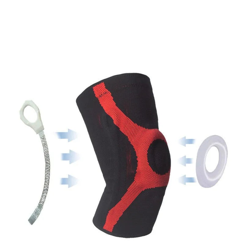 Red and grey silicone non-slip sports knee pads for running and climbing, shown in S, M, L, XL sizes.