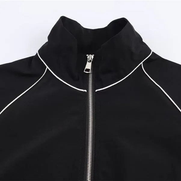Women's black PU puffy jacket coat with long sleeves and front zipper, 50cm length, on plain background
