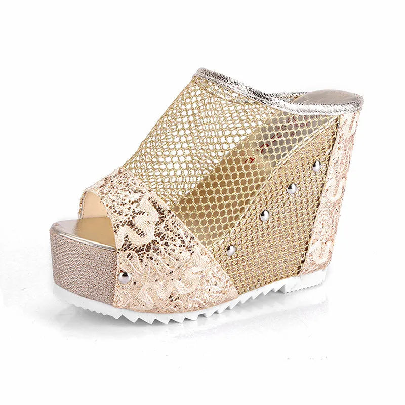 Korean platform lace-up sandals with a mesh upper, hollowed-out heel, and chunky waterproof sole in black, gold, or silver.