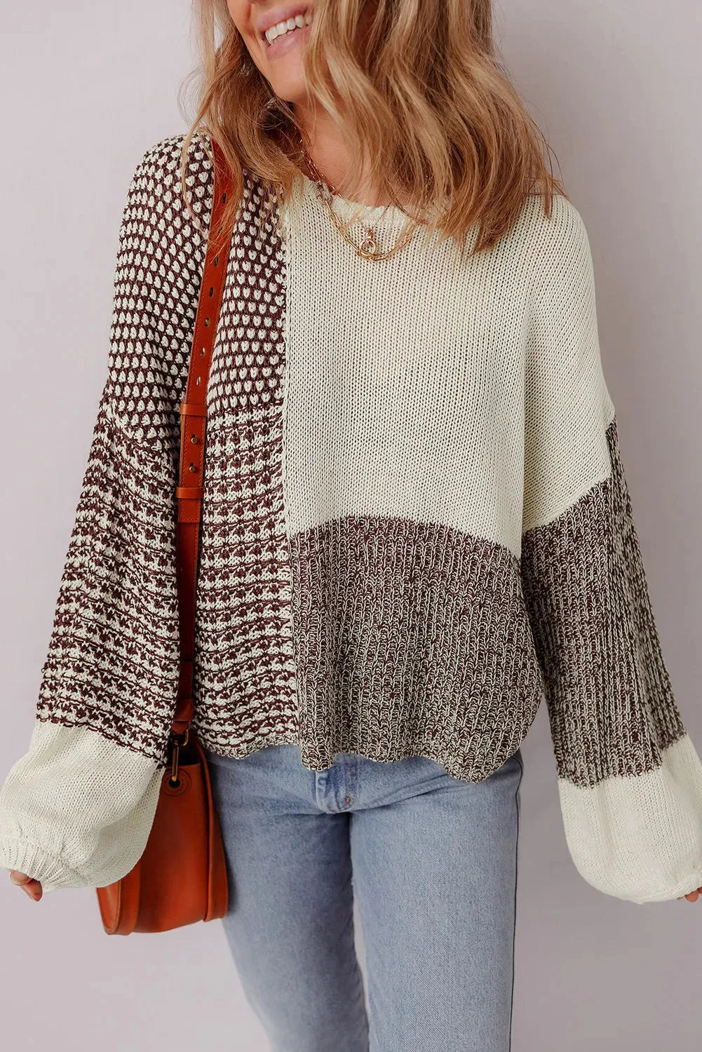 Dark khaki colour block loose sweater with back tie and drop shoulders