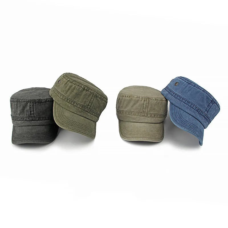 Cotton flat top military cap in army green with adjustable back strap