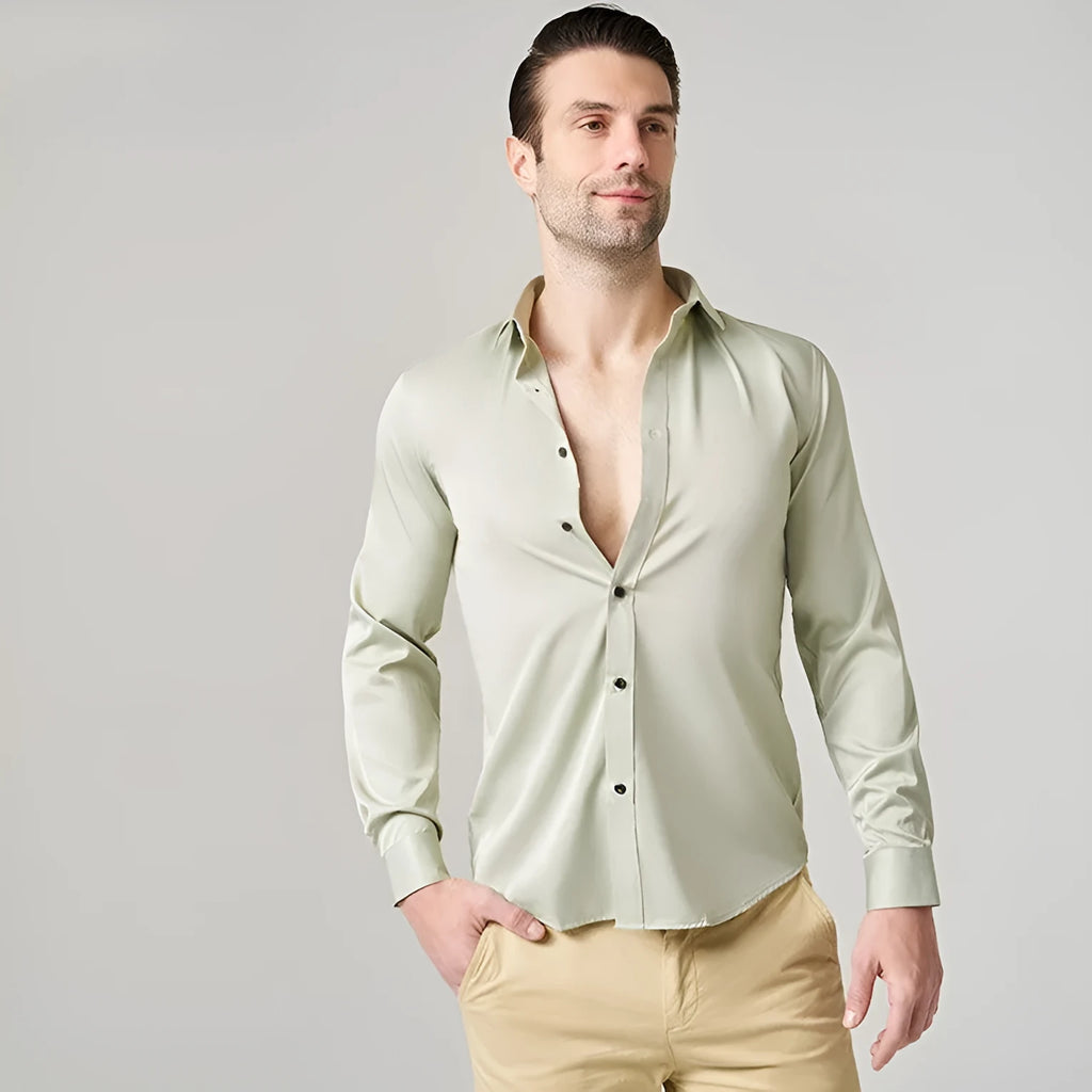 Men's polyester stretch long sleeve work shirt shown in multiple colour options with size chart