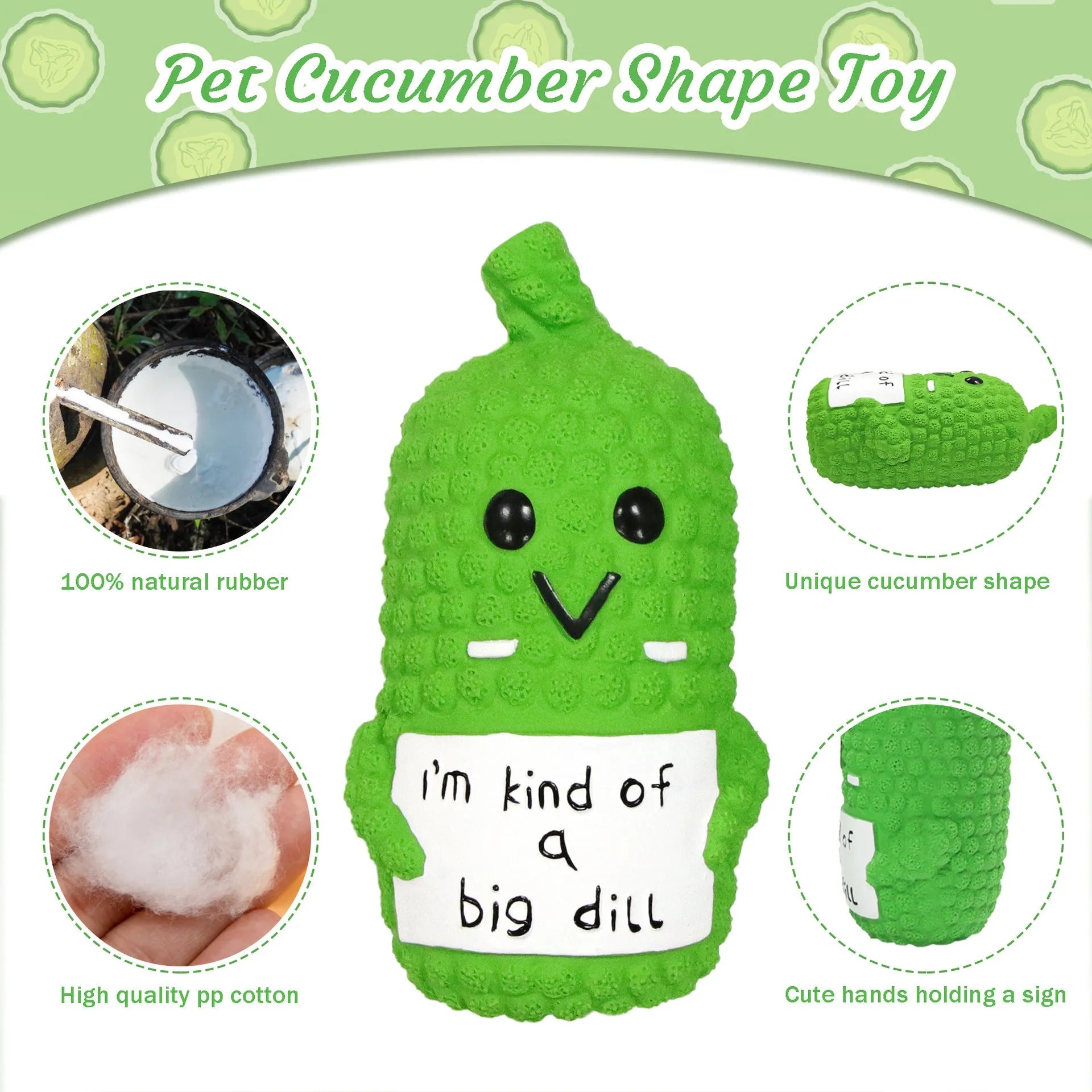 Green latex pickle dog chew toy with凸 nubs and squeaker inside.