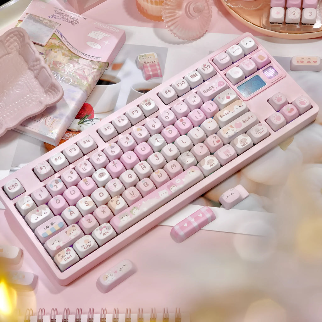 Set of pink cartoon character keycaps for mechanical keyboards with design on all sides.