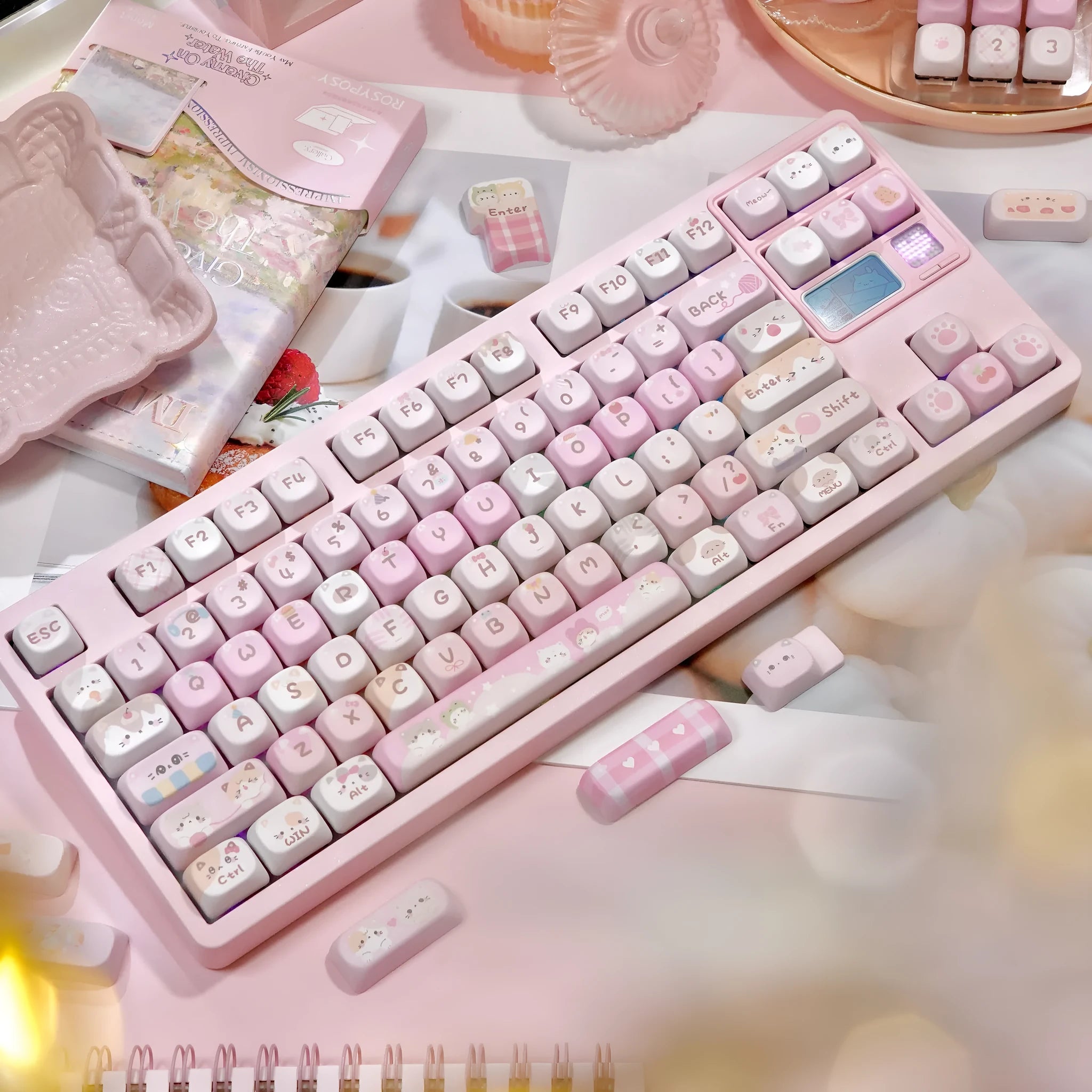 Set of pink cartoon character keycaps for mechanical keyboards with design on all sides.