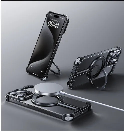 Metal airbag phone case for Apple iPhone in black with kickstand and aerospace-grade aluminium finish