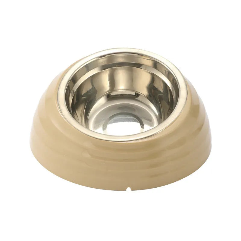 Stainless steel cat bowl in plastic base available in beige, brown, and light green colours