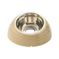 Stainless steel cat bowl in plastic base available in beige, brown, and light green colours