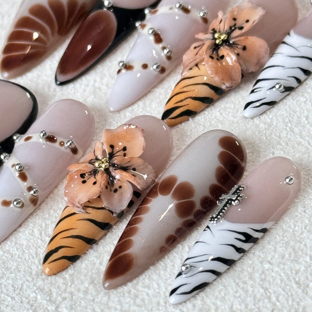 Leopard print false nail stickers with cross and floral patterns in armour shape
