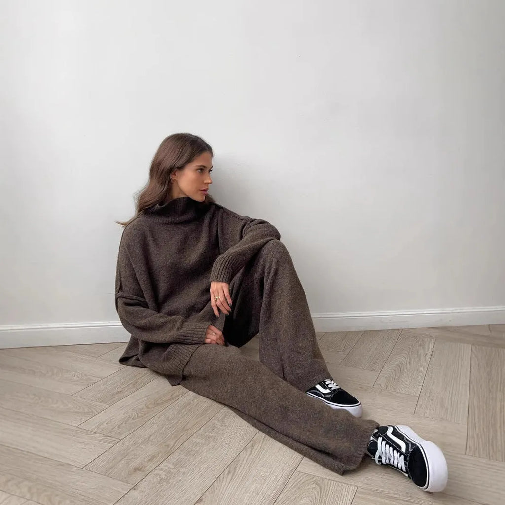 Women's acrylic two-piece suit set with side-slit sweater and matching trousers
