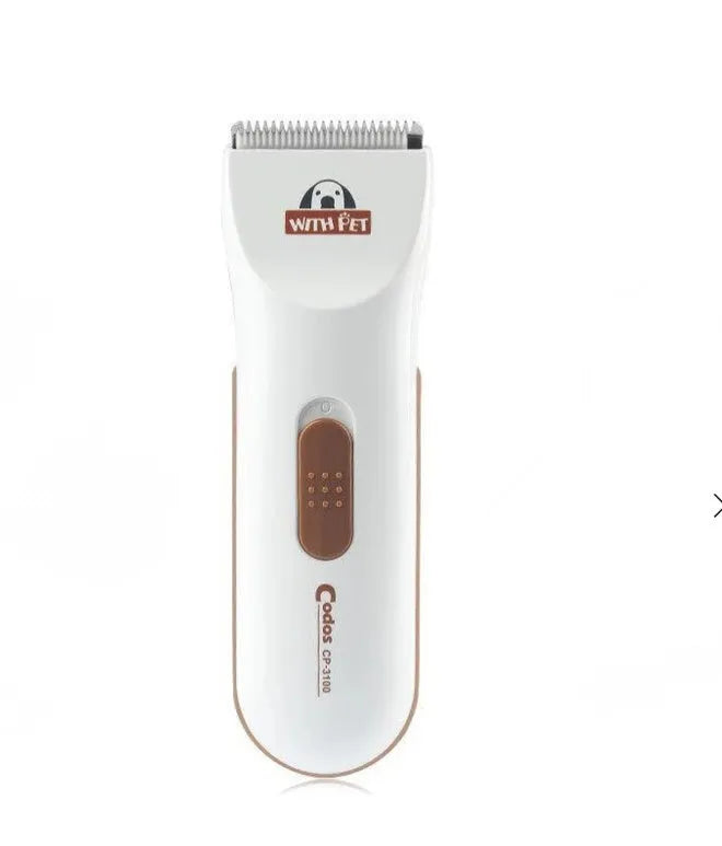 White pet hair clipper with ceramic blade for dog and cat grooming using AA batteries
