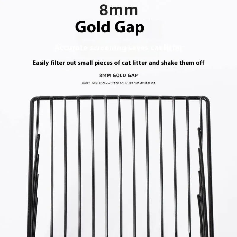 Black metal cat litter scoop with narrow tines for sifting clumping cat litter.