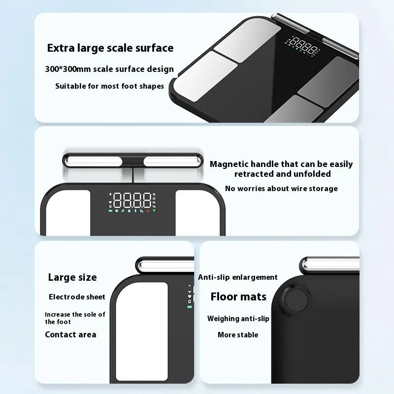 Black electronic weighing scale with tempered glass platform showing body fat percentage on colour display