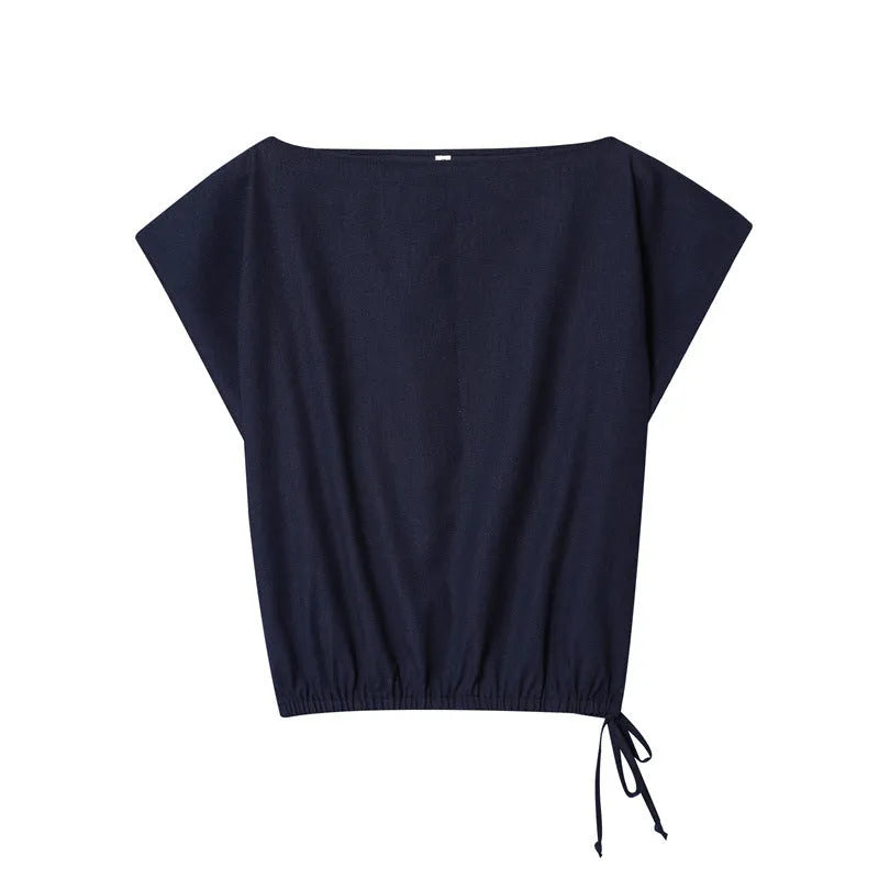 Women's linen blend off-shoulder flounced sleeve top with matching wide leg trousers suit