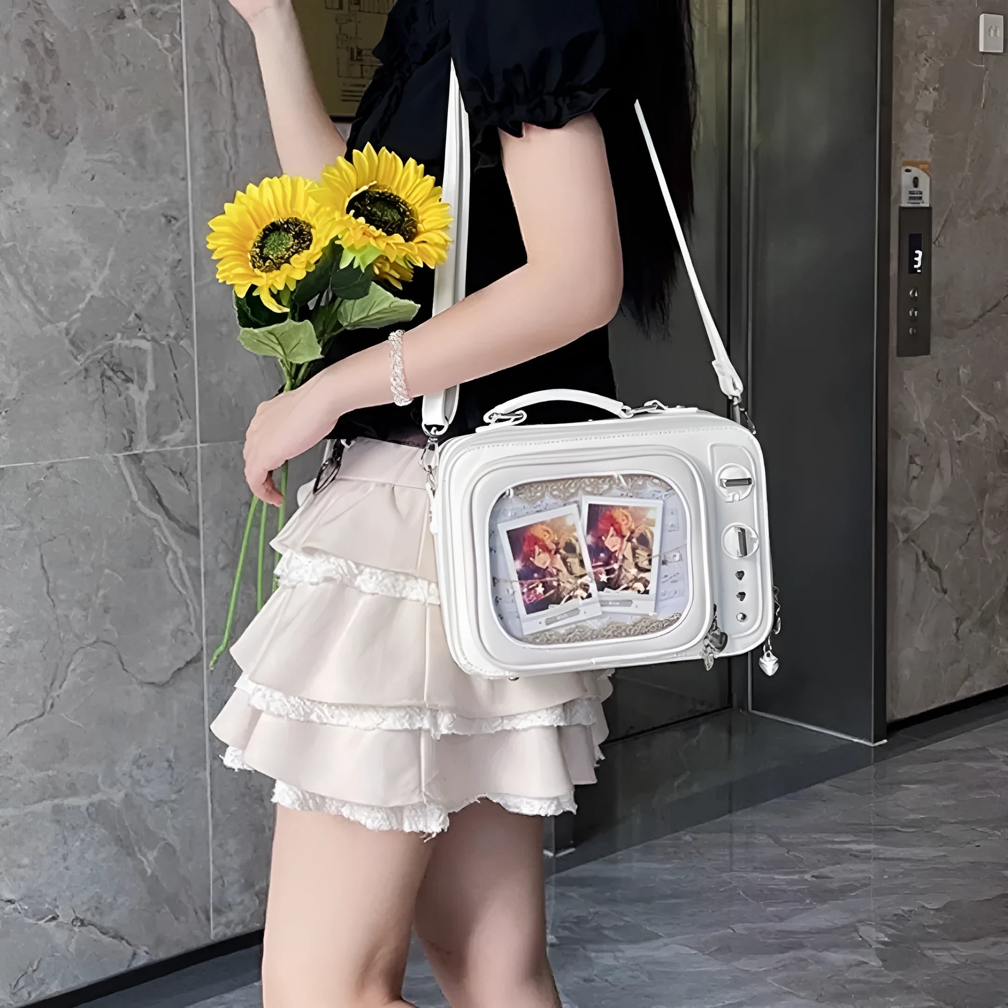 PU snack square cross-body bag with antenna bow and detachable strap in Black Pink colour