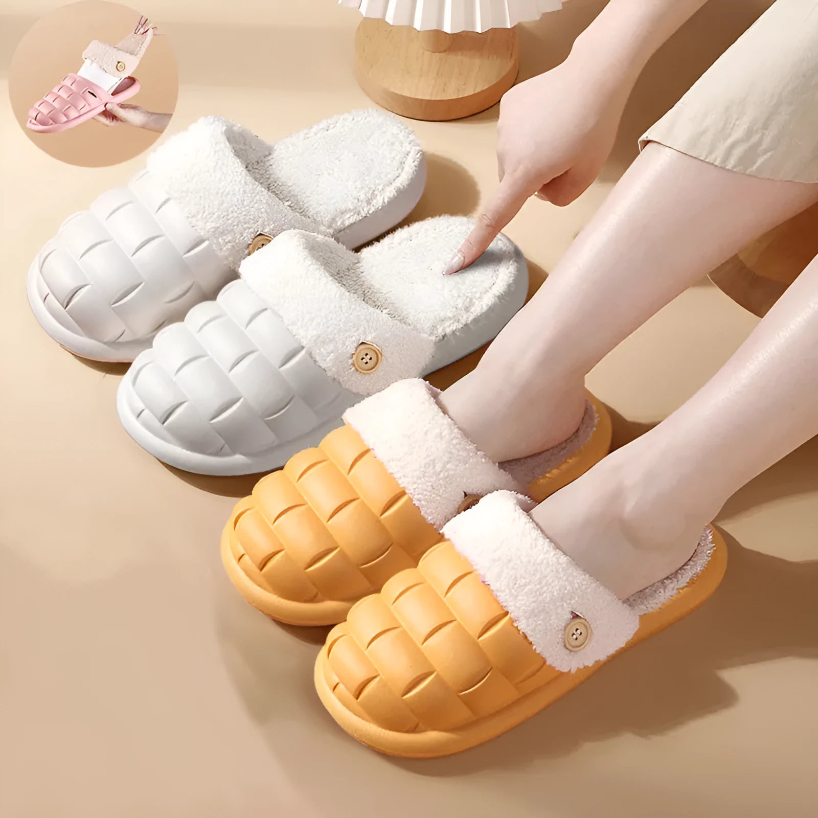 Plaid detachable EVA house slippers with plush lining, shown in pink for women.