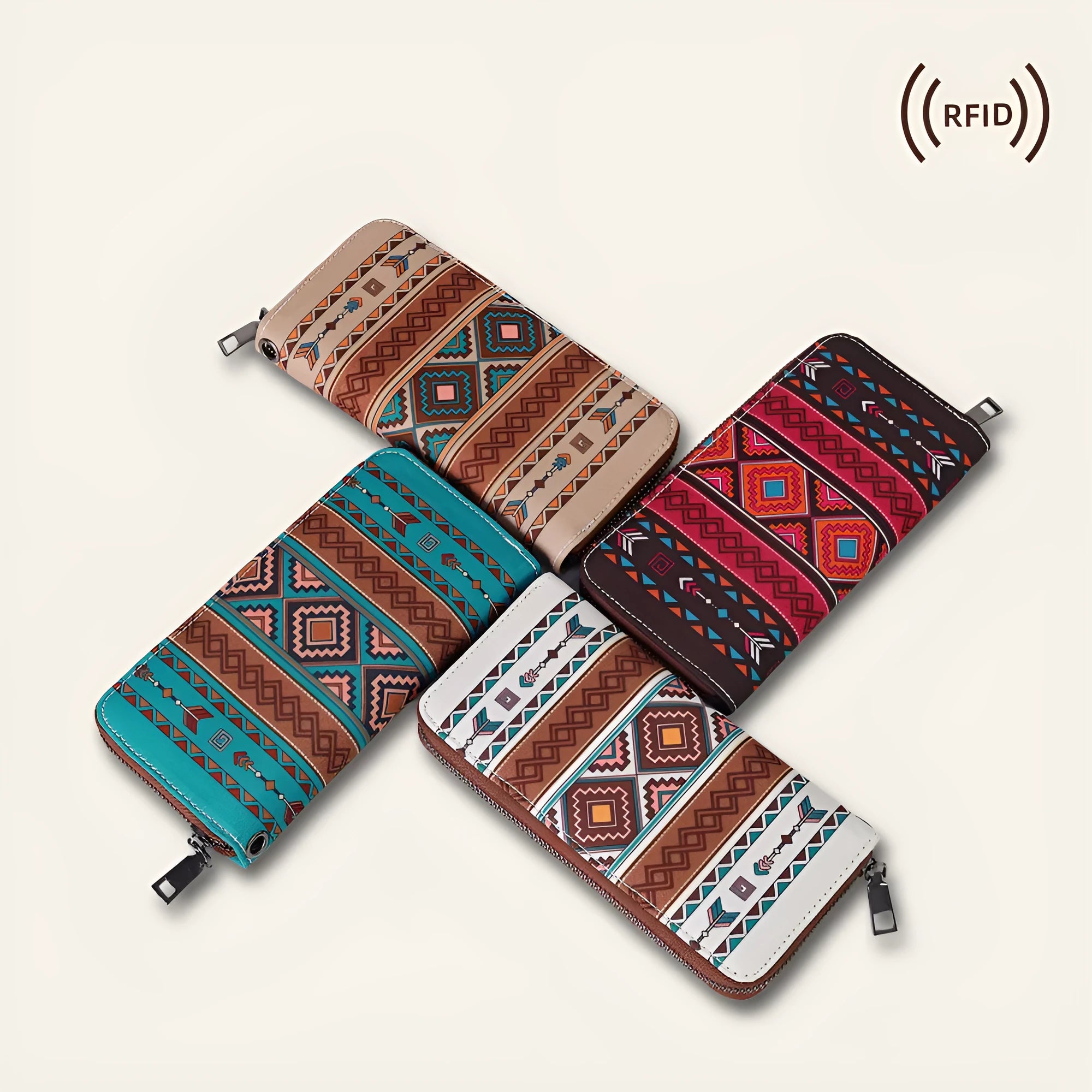 Striped bohemian canvas RFID-blocking wallet in multiple colours showing card slots.