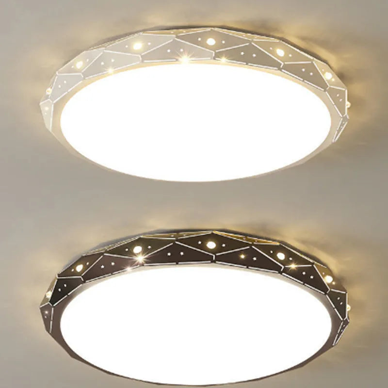 Round LED ceiling light with iron frame shown in black and white finish options