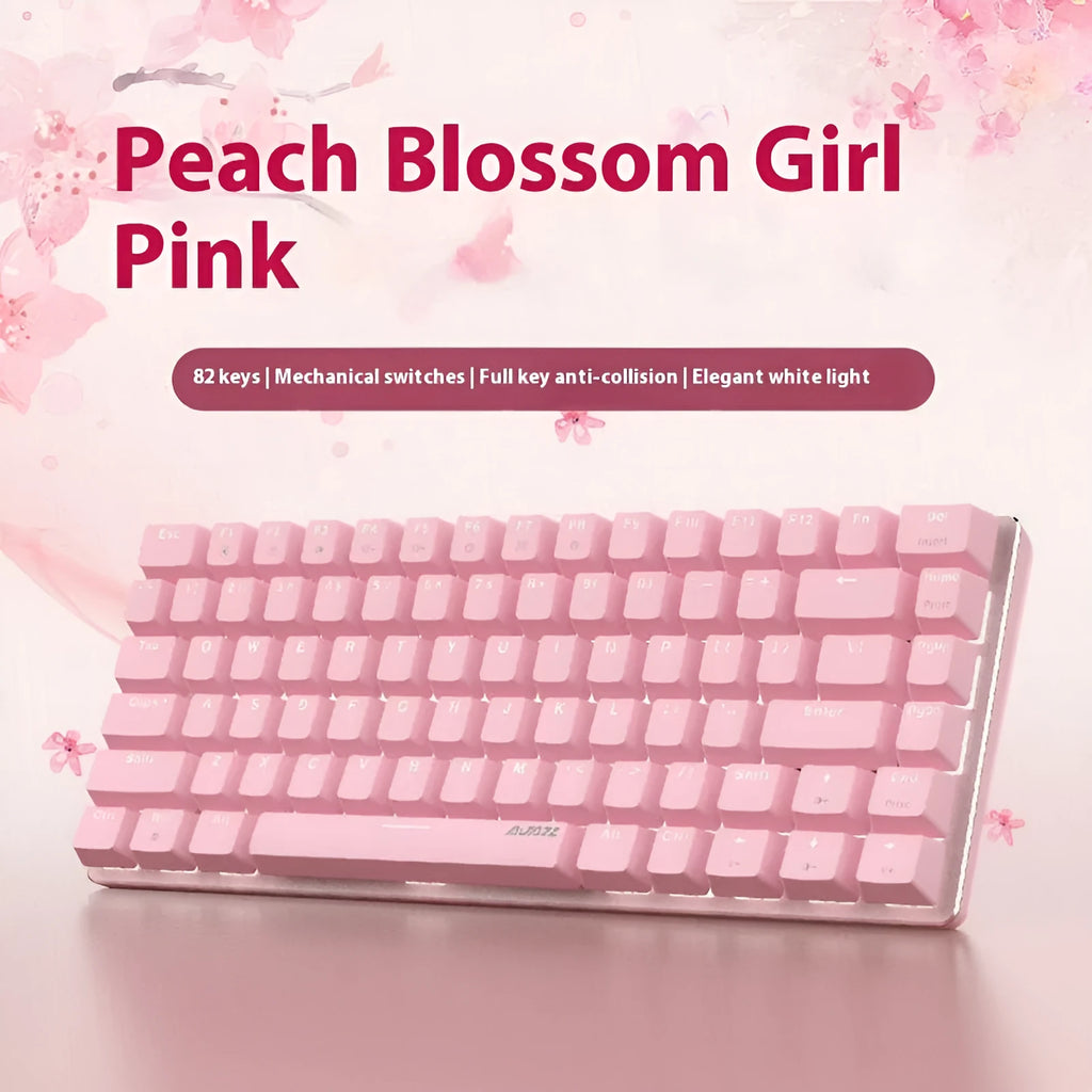 Pink mechanical gaming keyboard with 82 keys, white backlight illumination, and metal case