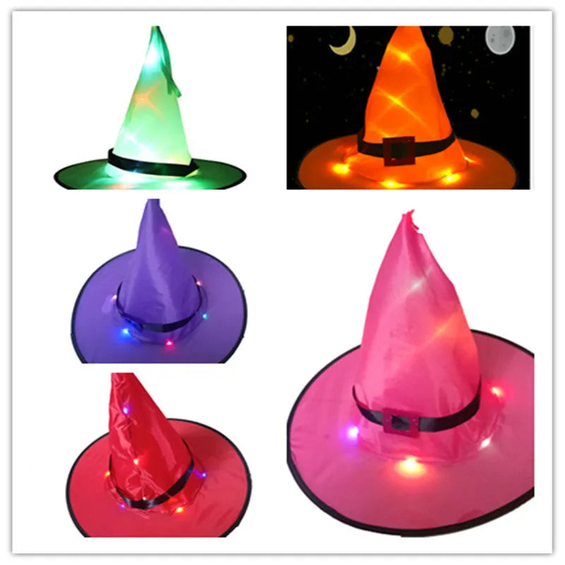 Halloween glowing witch hat with multicolour LED lights displayed on a dark background