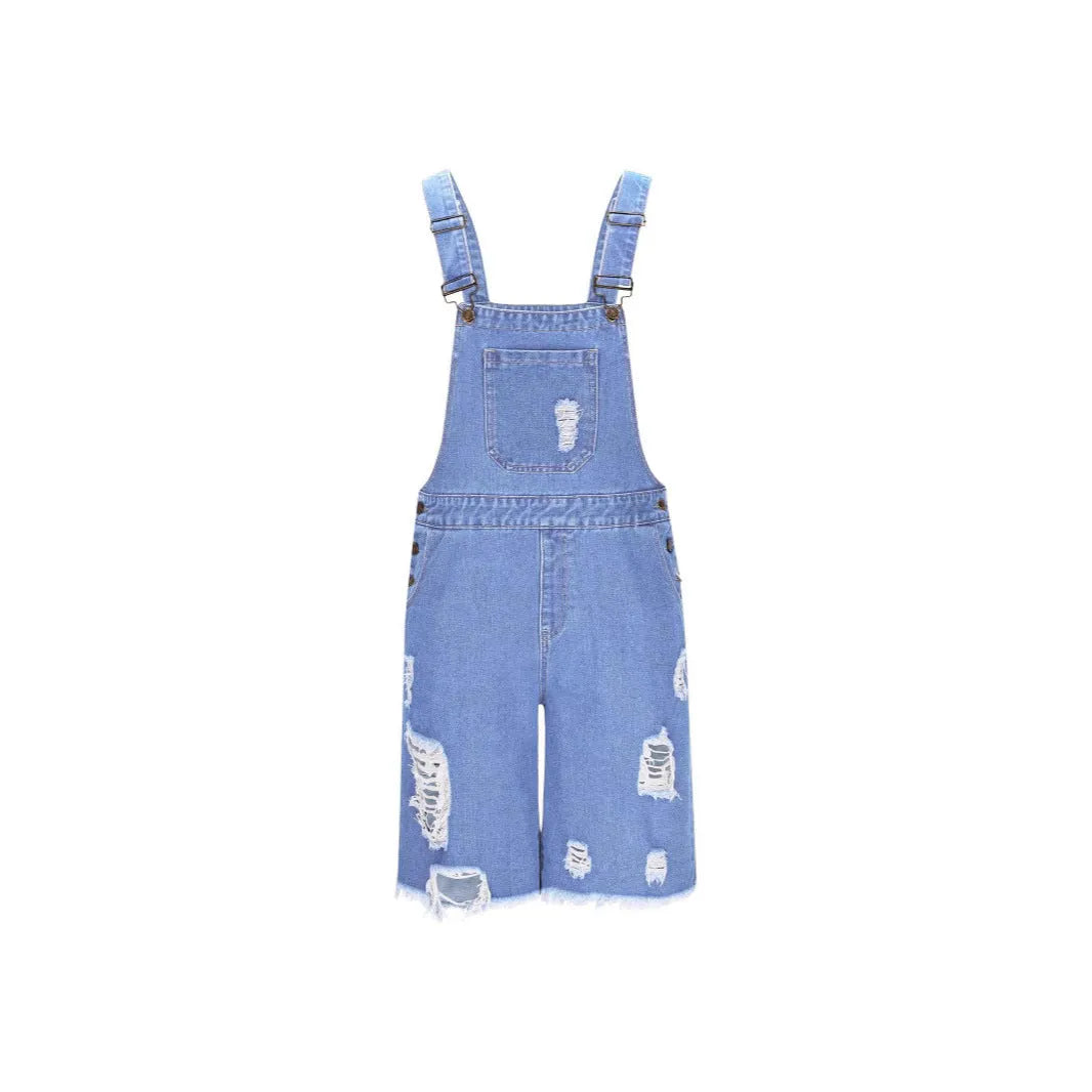 Men's ripped blue denim shorts with attached suspenders on a mid waist straight-leg fit.