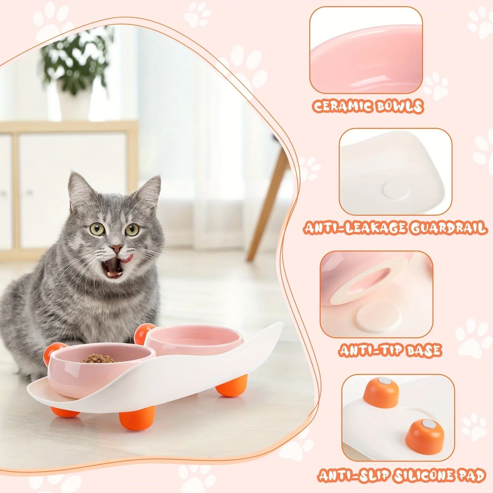 Ceramic raised pet feeder with two bowls for food and water on non-slip base