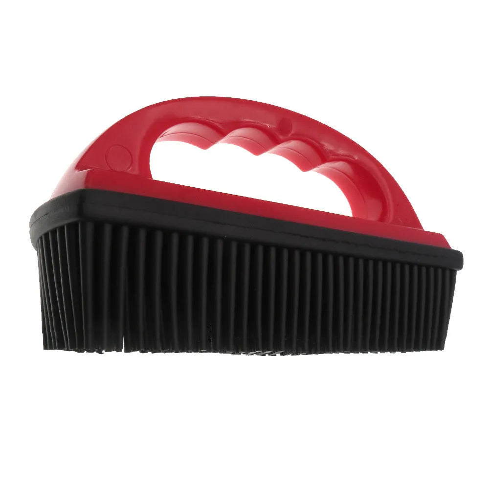 Red pet hair removal brush for grooming and carpet cleaning measuring 160mm by 85mm