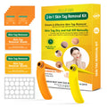 Orange yellow wart removal device kit with rubber rings, cones, alcohol swabs, and repair sticker.