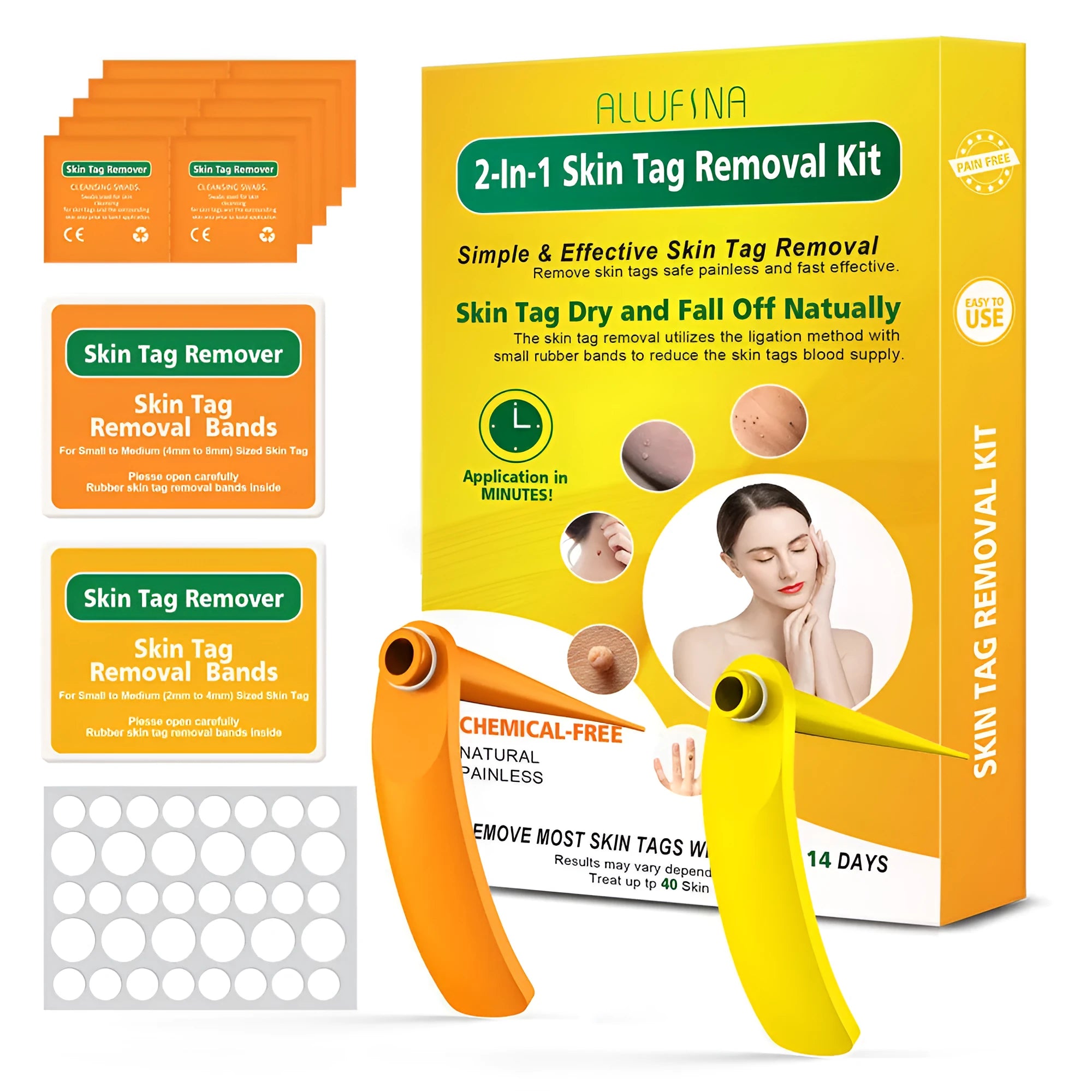 Orange yellow wart removal device kit with rubber rings, cones, alcohol swabs, and repair sticker.