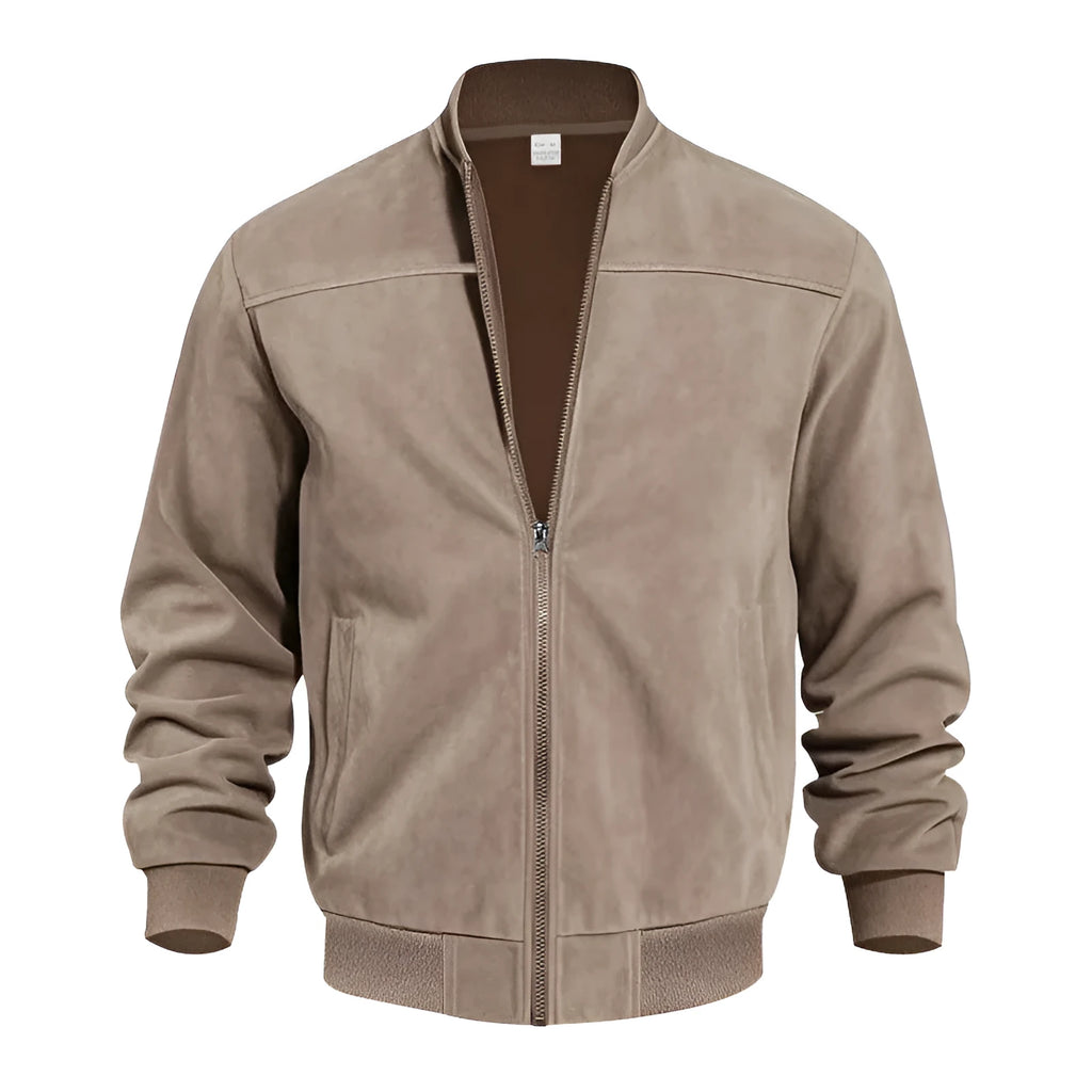Men's plus size suede jacket with zip in army green colour showing front view.