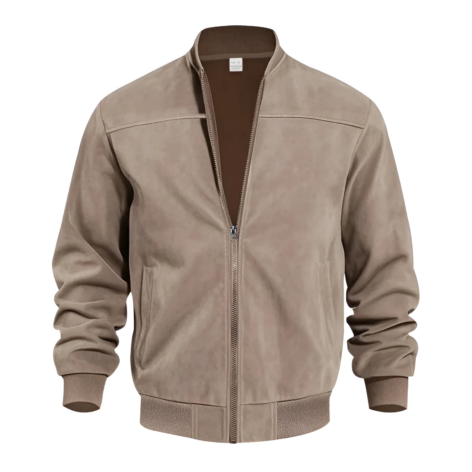 Men's plus size suede jacket with zip in army green colour showing front view.