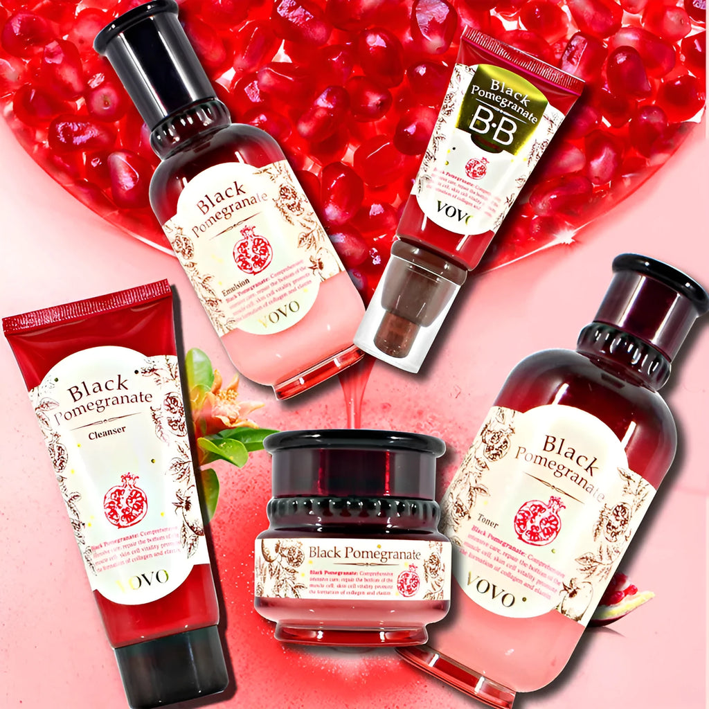 Pomegranate skincare set showing six products: cleanser, water, essence, milk, cream, and eye cream