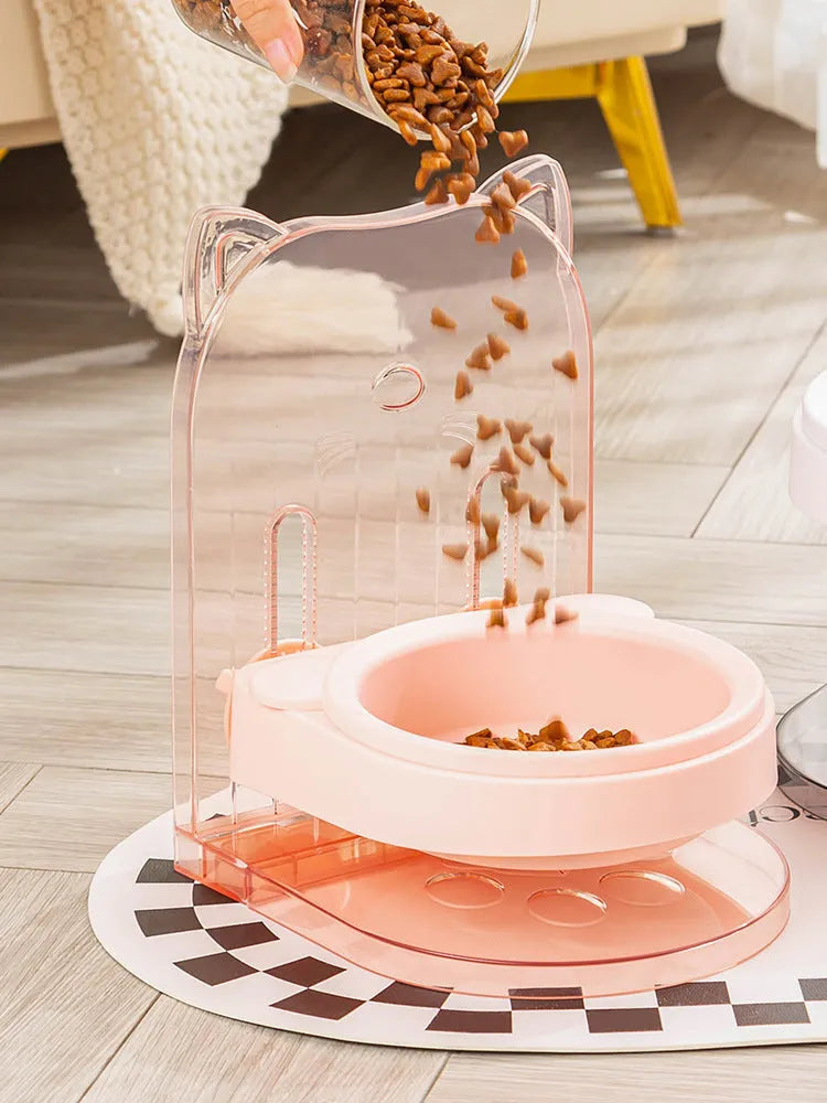 Adjustable height cat feeding bowl with anti-spill collar and neck protection design