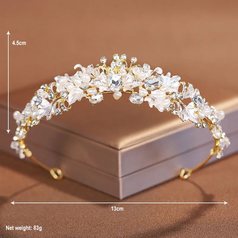 Alloy pearl crown headdress for women with electroplated gold finish and European styling