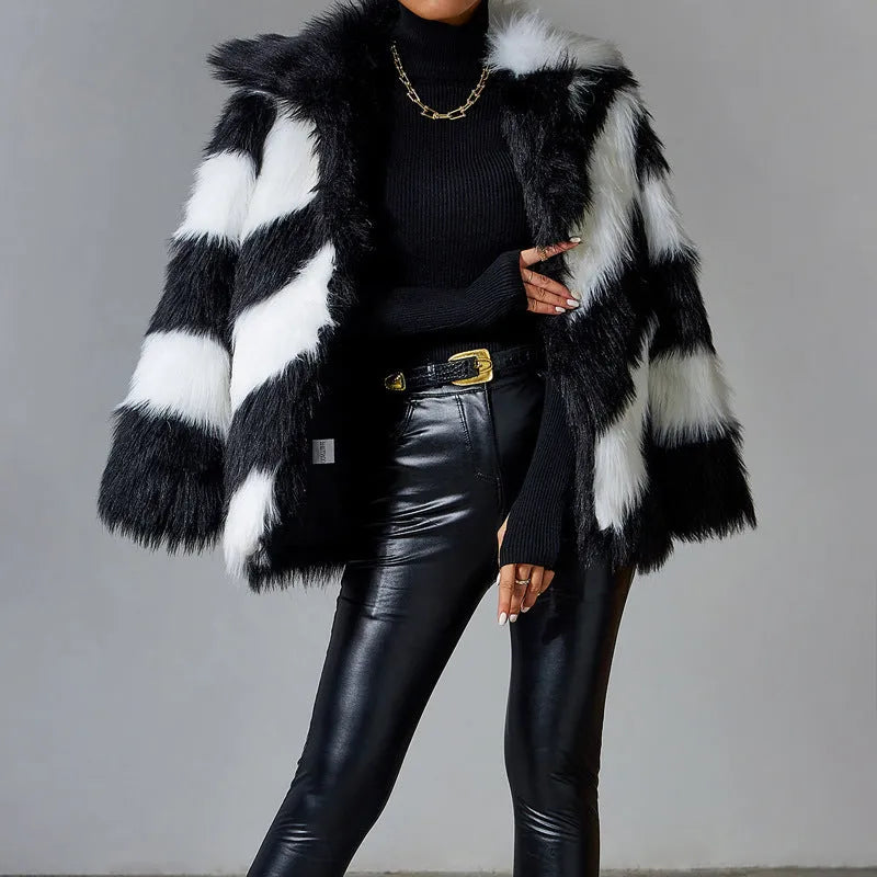 Lapel contrast colour faux fur coat with a textured fur collar, shown in a normal 50cm length.