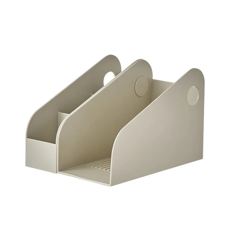 Two-layer plastic desktop storage box in milk coffee colour measuring 14.5 x 17 x 22 cm