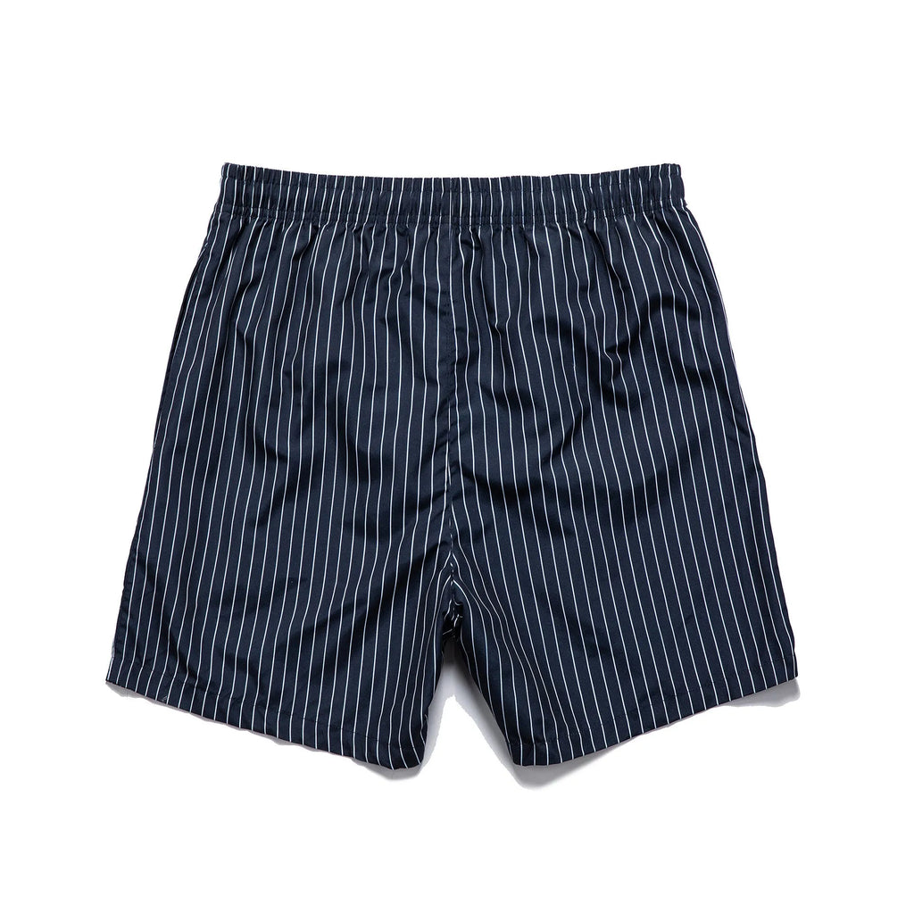 Men's navy blue polyester casual shorts with a visible striped triangle lining inside.