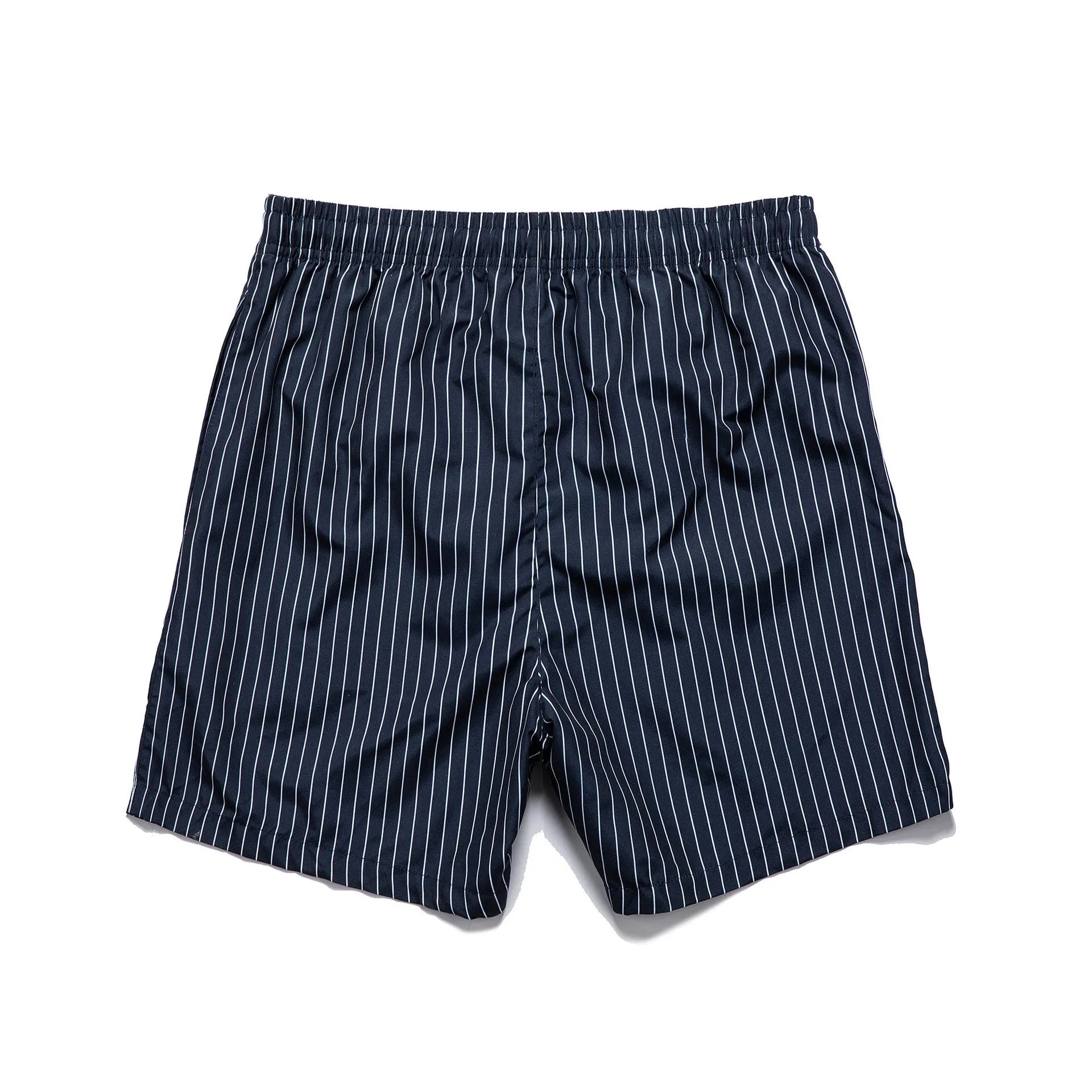 Men's navy blue polyester casual shorts with a visible striped triangle lining inside.