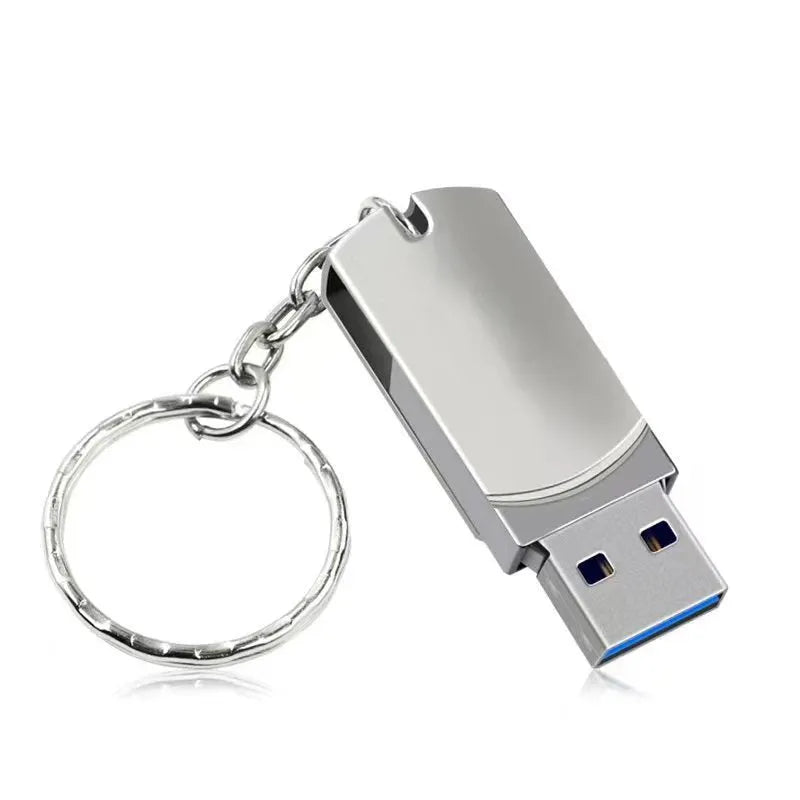 Small white metal USB flash drive with a rotating cap, showing front and side views.