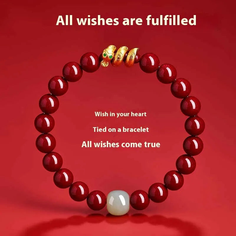 Handmade Chinese-style cinnabar bracelet with snake zodiac beads, shown in 6mm and 8mm sizes.