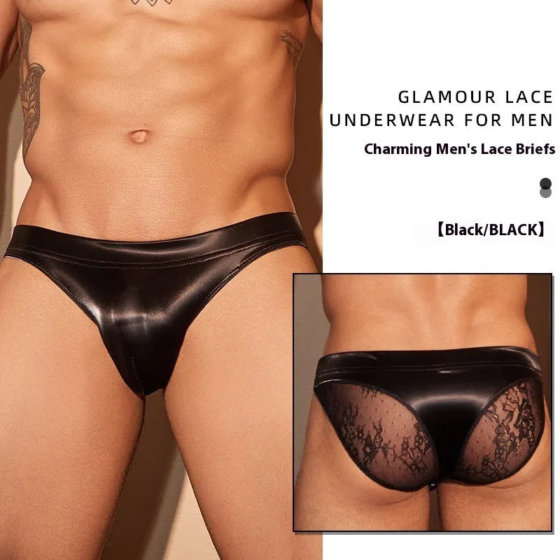 Men's black shark skin lace brief underwear with hipster cut