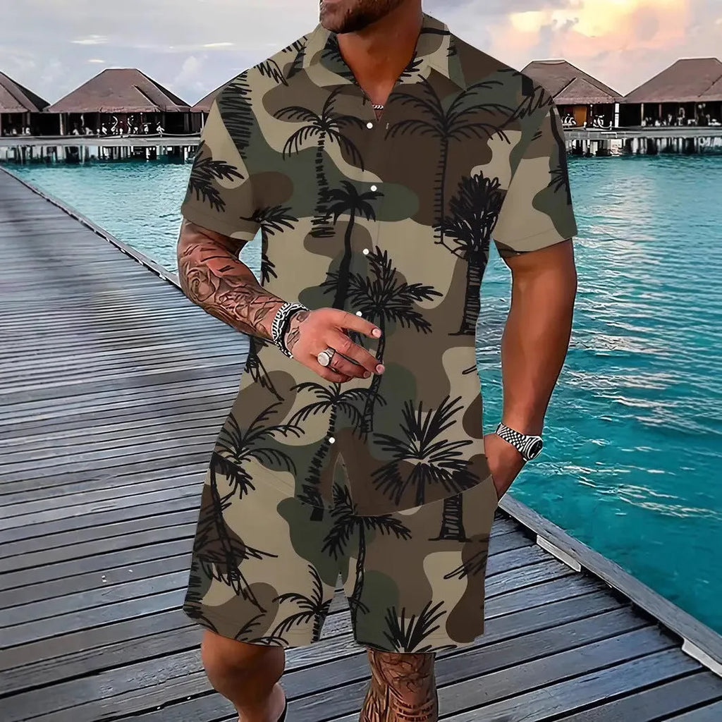 Men's 3D printed Hawaiian pattern short sleeve shirt and matching shorts casual suit set.