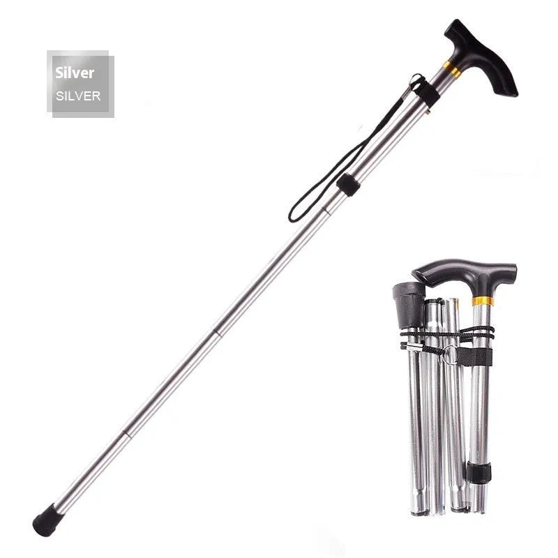 Adjustable aluminium folding walking cane in silver extended to show length, with non-slip handle.